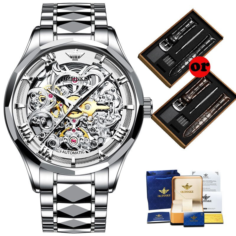 OUPINKE Original Mechanical Watches Gold Skeleton Self Winding Sapphire Crystal Waterproof Tungsten Steel TOP Wristwatch