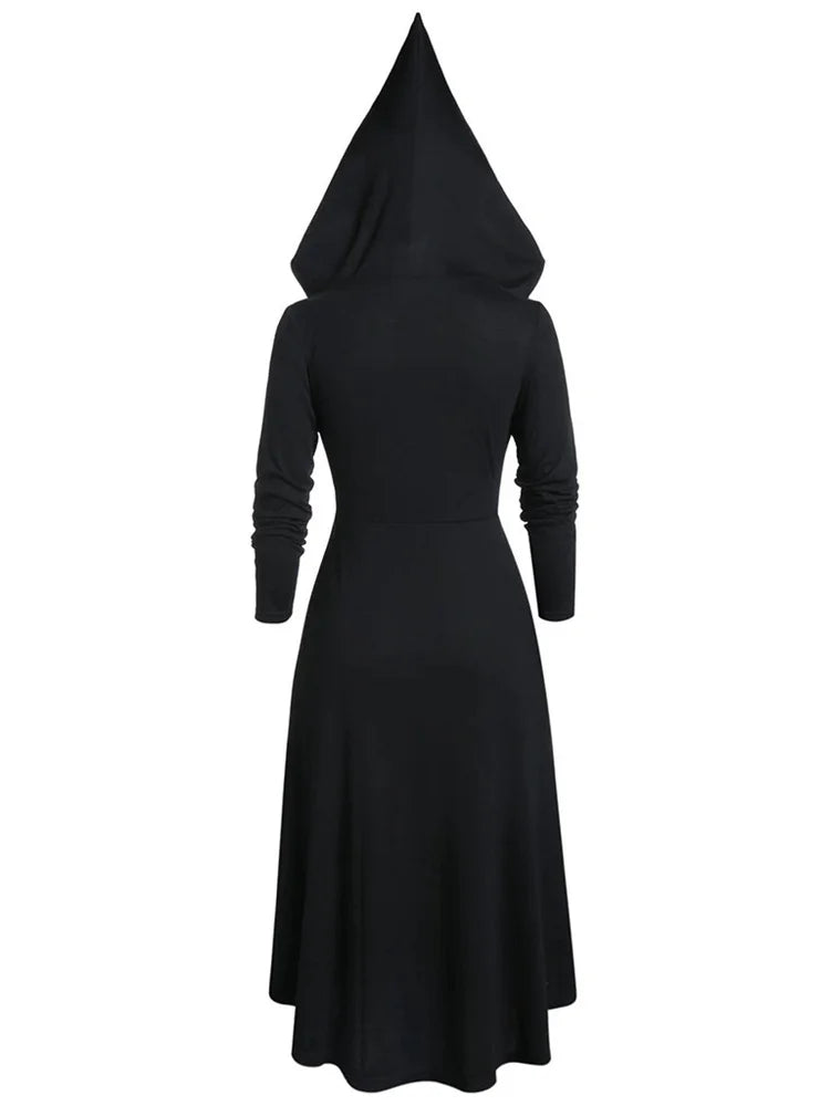 Gothic Dark Punk Black Medieval Hooded Dress