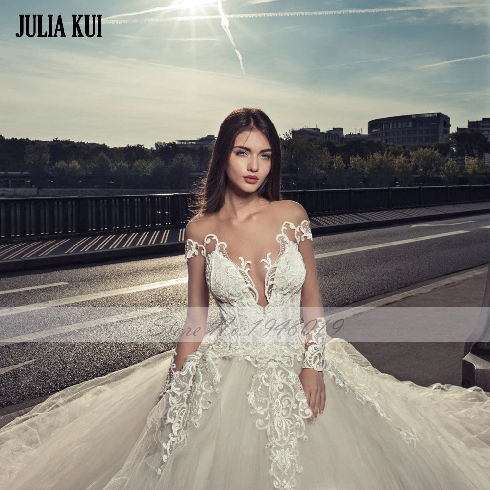 Julia Kui Graceful Tulle Beading Pearl Appliques Full Sleeves