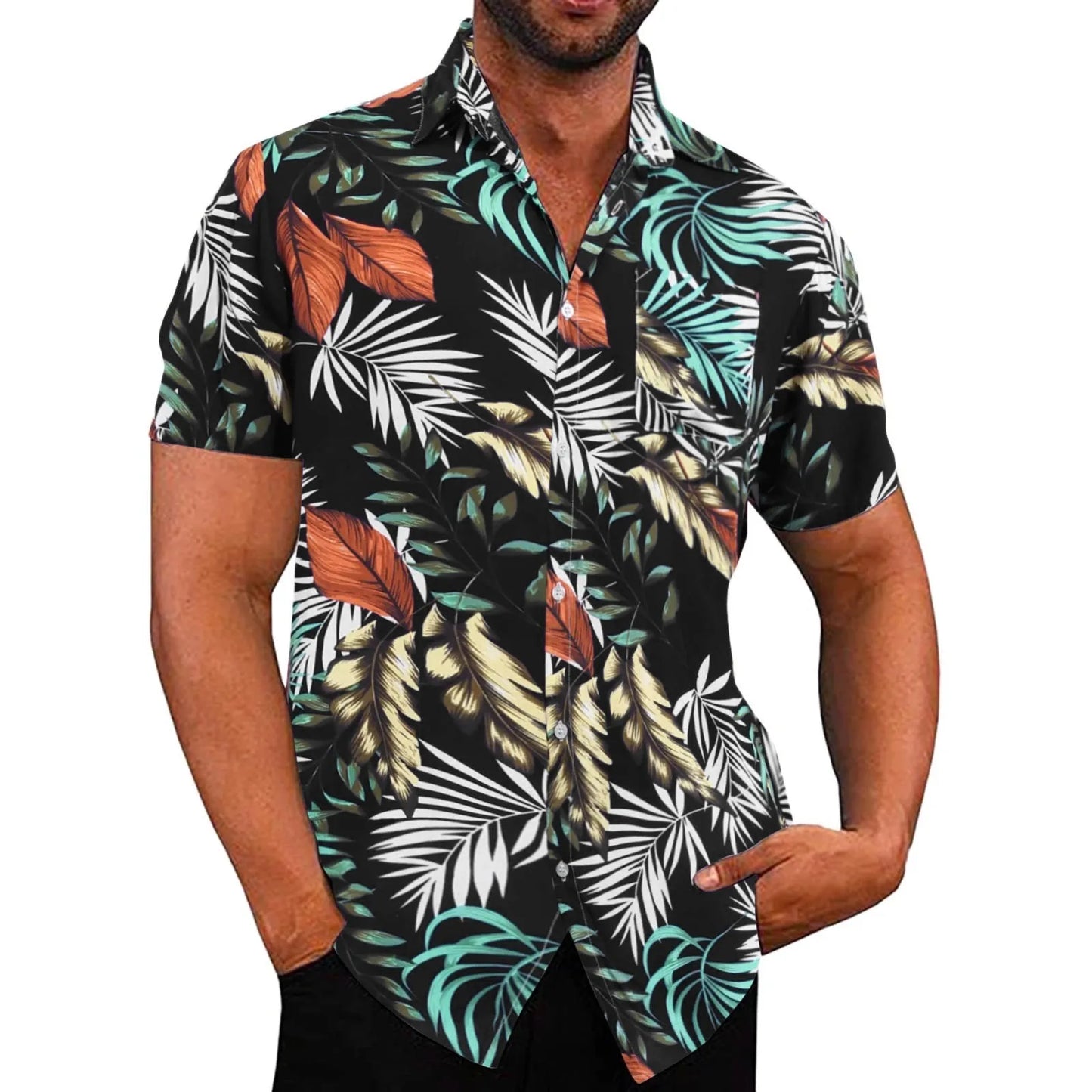 Hawaiian Shirt Men Floral Print Vacation Short Sleeve Shirt Holiday Beach Blouses Tops With Pocket Clothing Camisas De Hombre