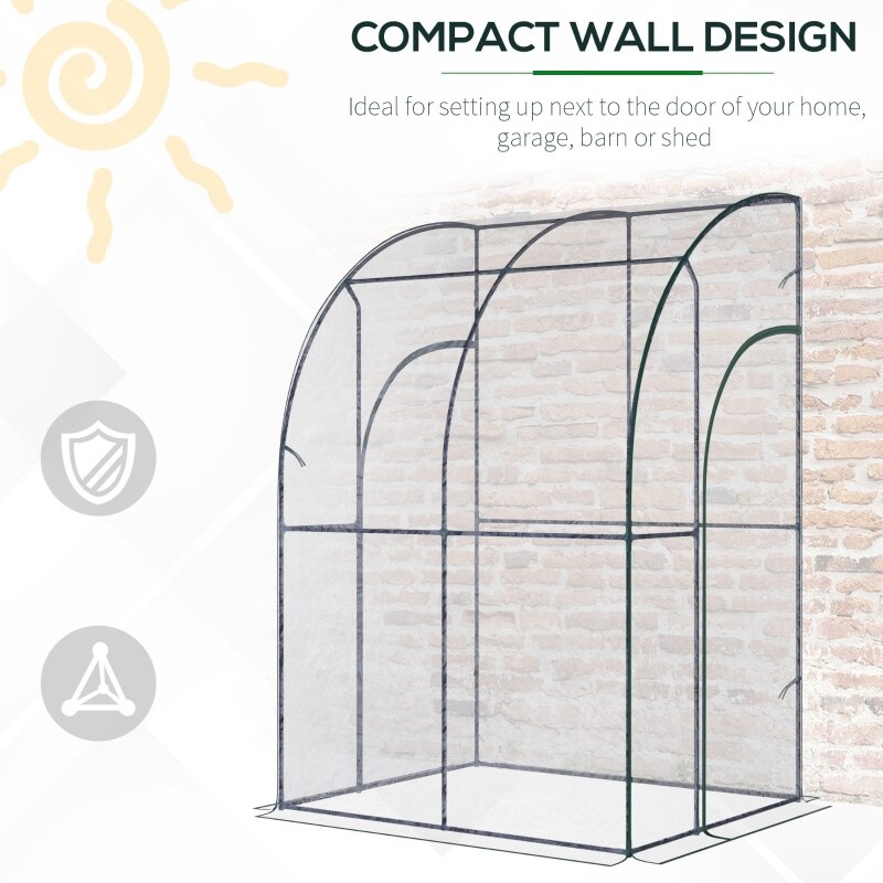 4.5&#39; x 4&#39; x 7&#39; Outdoor Walk-In Lean to Wall Tunnel Greenhouse with 2 Zippered Roll Up Doors PVC Cover Sloping Top, Clear, Green - DJVWellnessandPets