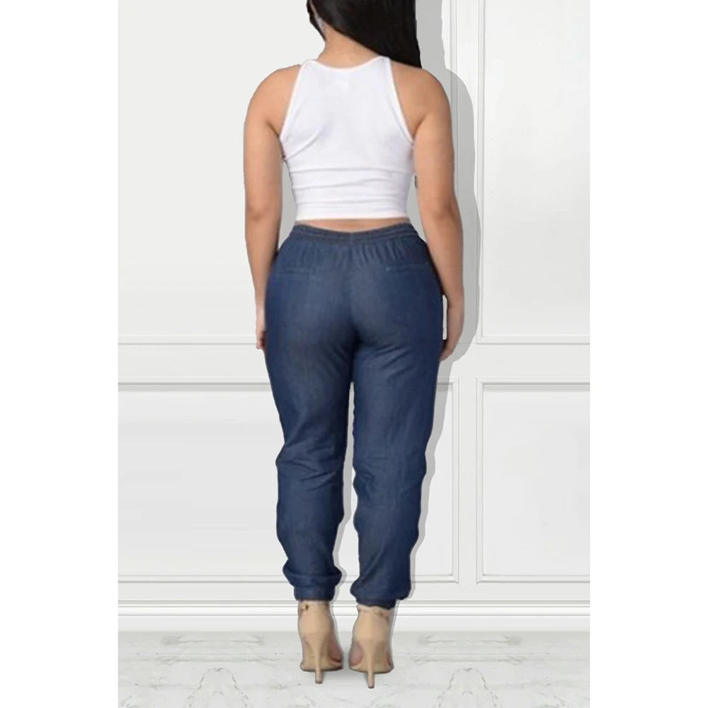 Plus Size Daily Jean Deep Blue Elastic Waist Lace-Up