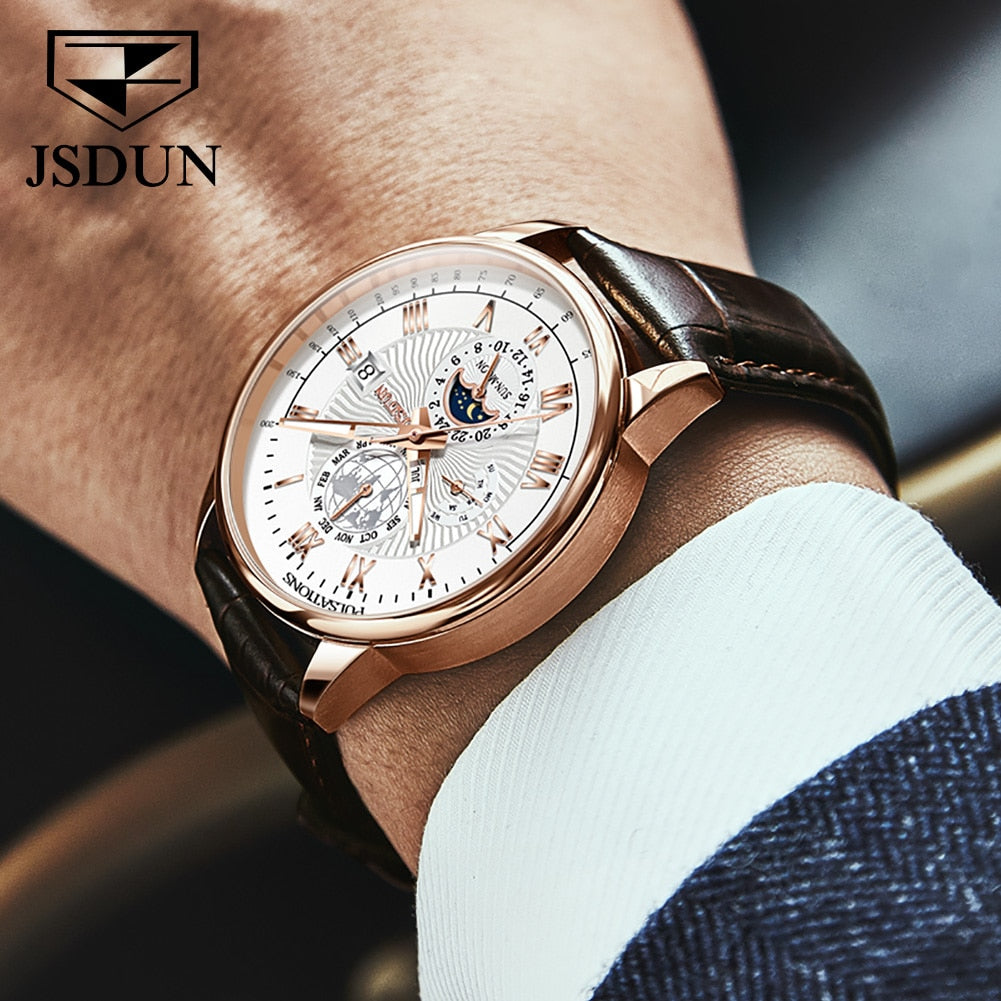 JSDUN Mechanical Watch Luminous Leather Strap Waterproof Top Brand Luxury Business Watch For Men Moonswatch 8909 - DJVWellnessandPets