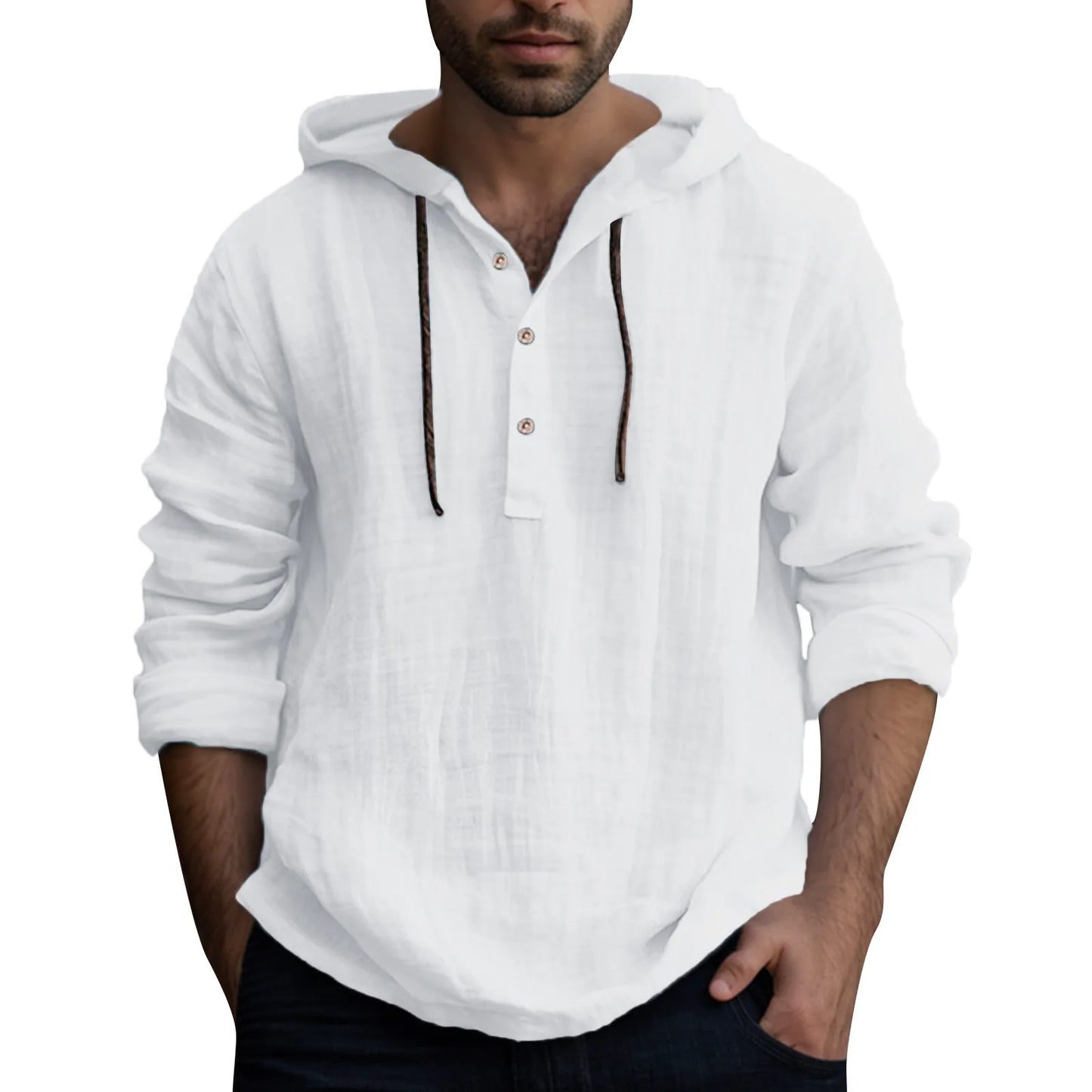 Male Long Sleeve Shirts Early Autumn Top Mens Button Hooded Shirt Top Fashion Casual Solid Thin Blouses Pullover Tops Man