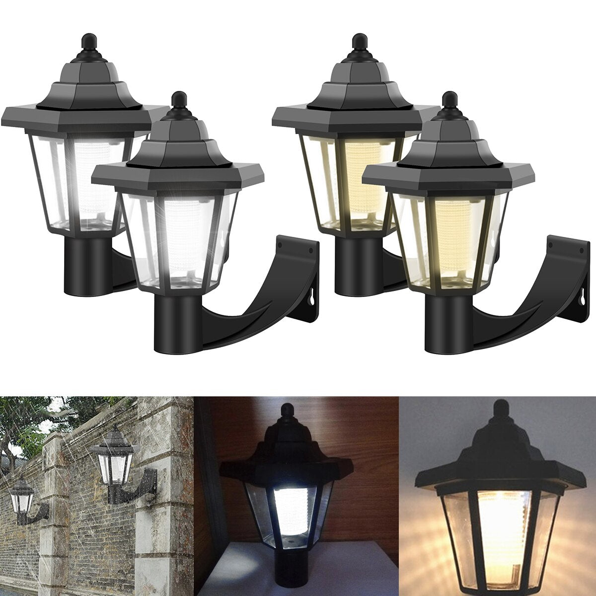 2PCS Solar LED Wall Light Porch Lamp Garden Outdoor Lighting Waterproof Hexagonal Street Lantern Lighting Retro Courtyard Decor