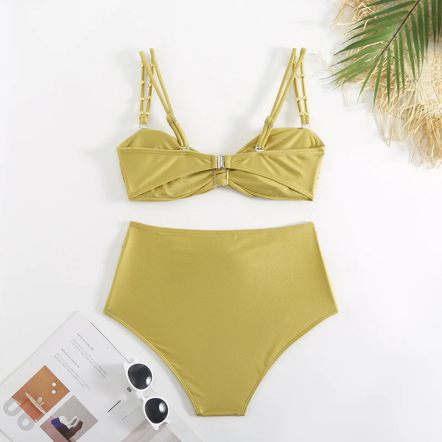 Solid Yellow High Waist Bikini Set Cover-Up