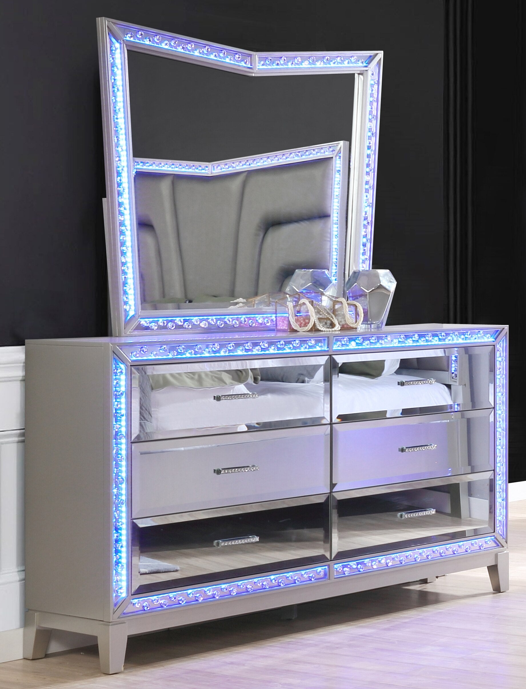 Bedroom Furniture Set Luxury 5 Pc Queen Bed Silver Nightstand  Dresser Chest Cabinet Cupboard Forcer  with Led - DJVWellnessandPets