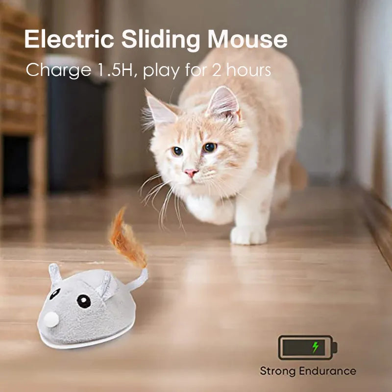 Interactive Cat Toy Automatic Mouse with Feather Tail Kitty with USB Charging Pet Exercise with LED Lights Smart Electric Robot