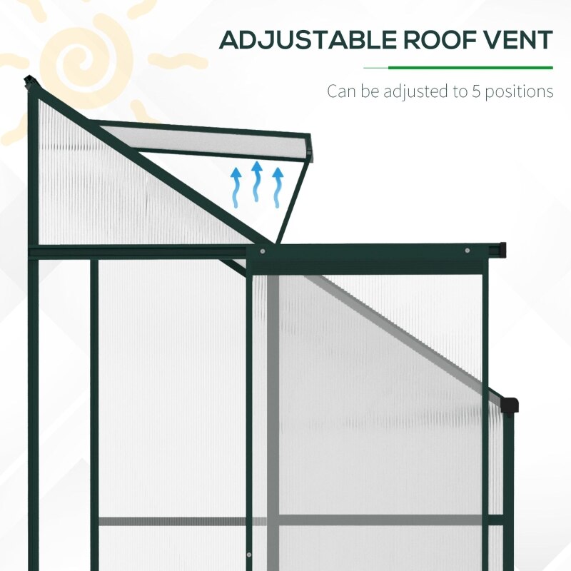 6&#39; x 4&#39; x 7&#39; Lean-to Greenhouse Walk-in Garden Aluminum Polycarbonate with Roof Vent for Plants Herbs Vegetables, Green - DJVWellnessandPets