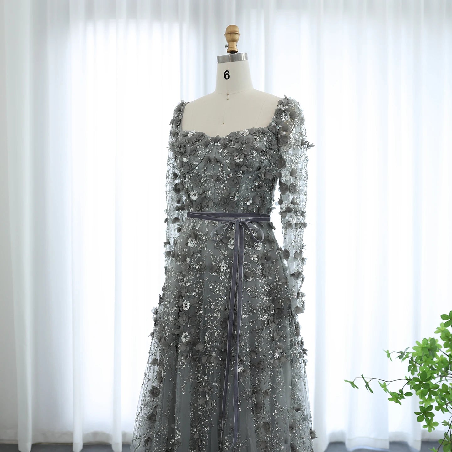 Sharon Said Luxury 3D Flower Gray Long Sleeves Evening Dresses