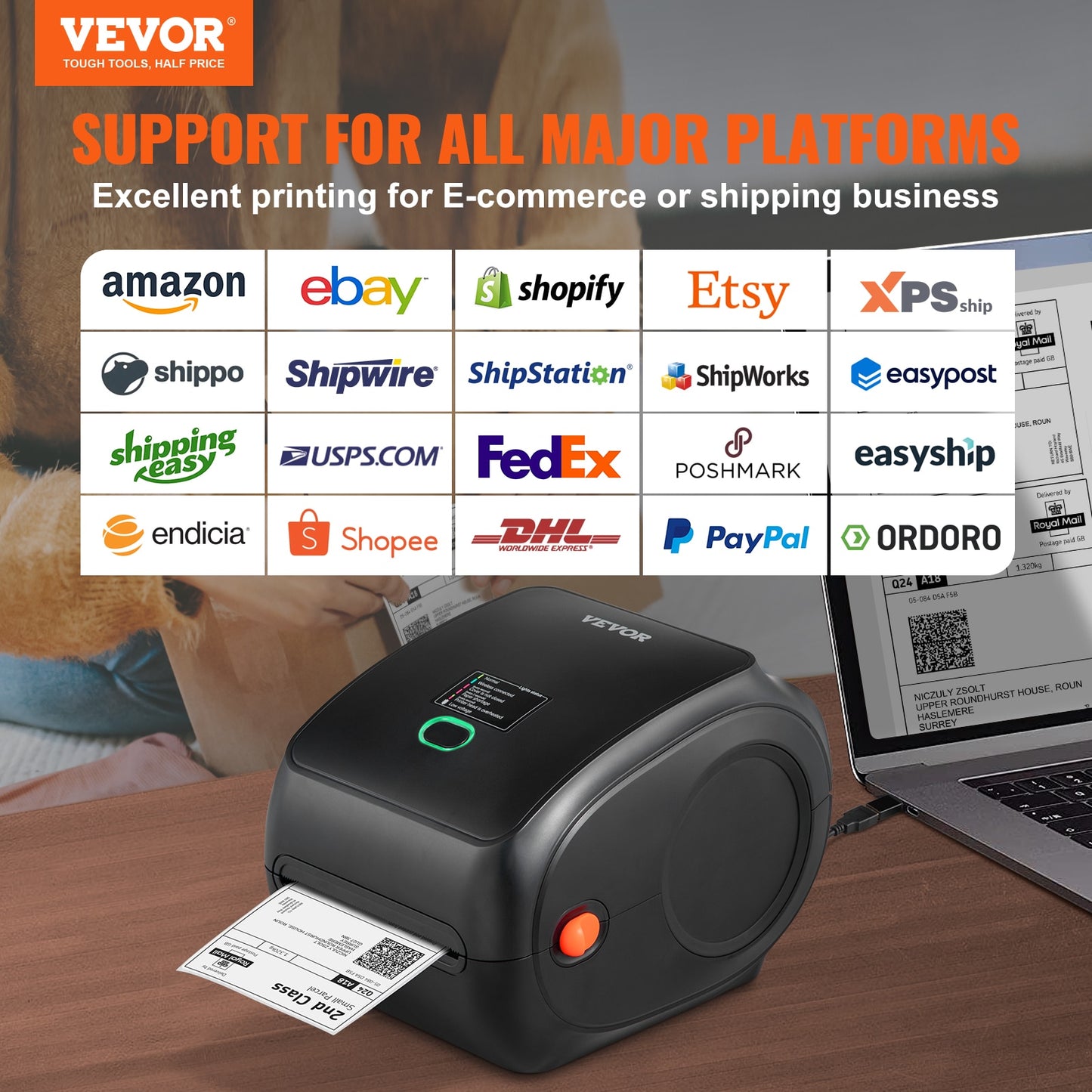 VEVOR Bluetooth Thermal Label Printer 300dpi USB Label Barcode Maker Sticker Compatible W/ Android IOS Windows Mac OS Chromebook