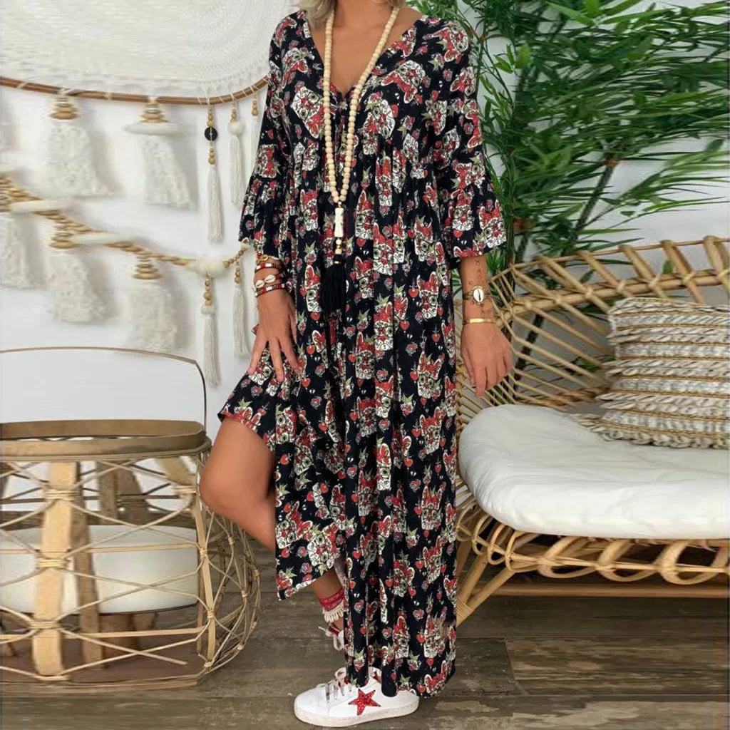 Plus Size Beach Style Print Long Dresses Deep V Neck