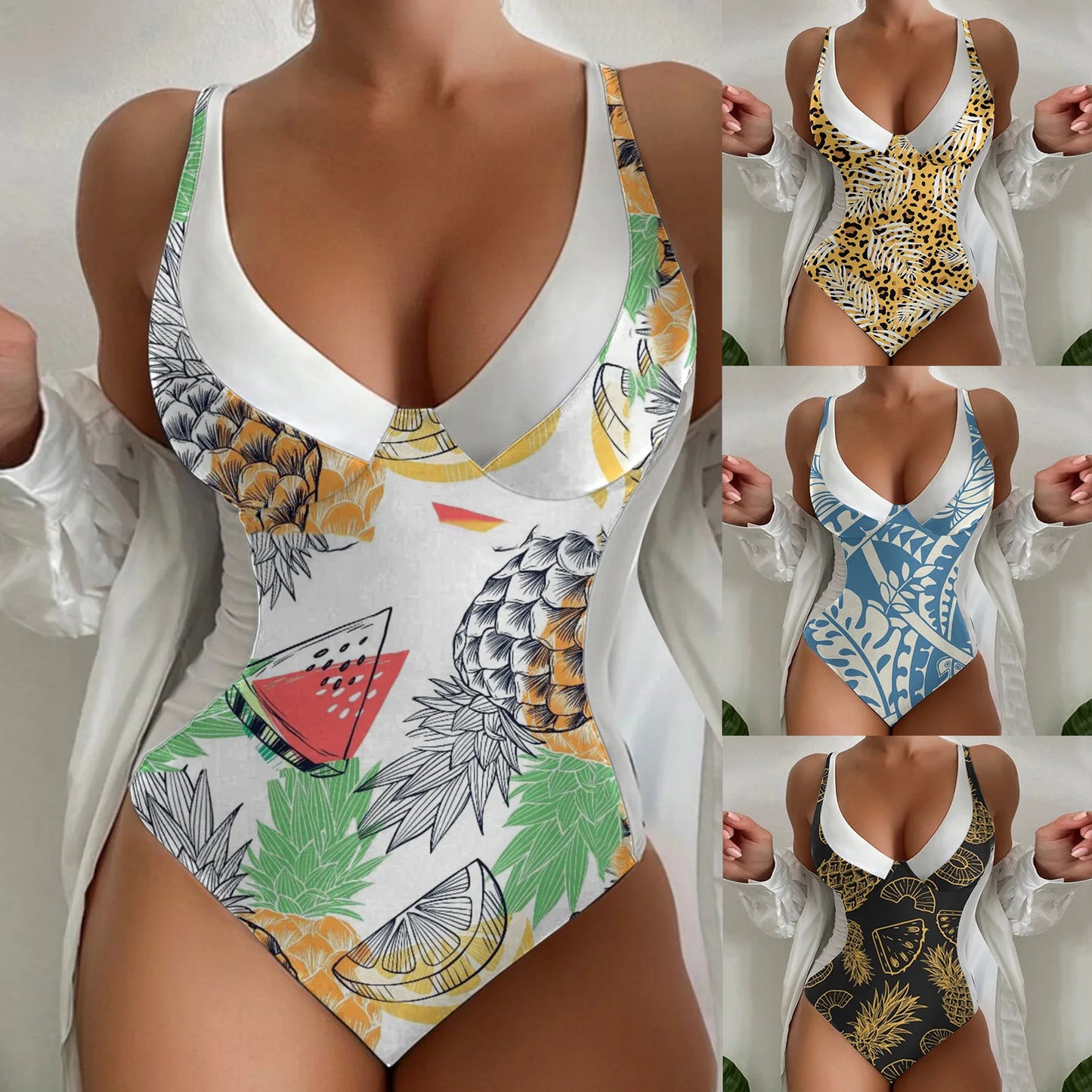 Printi Swimsuits Monokinis V Neck Plus Size