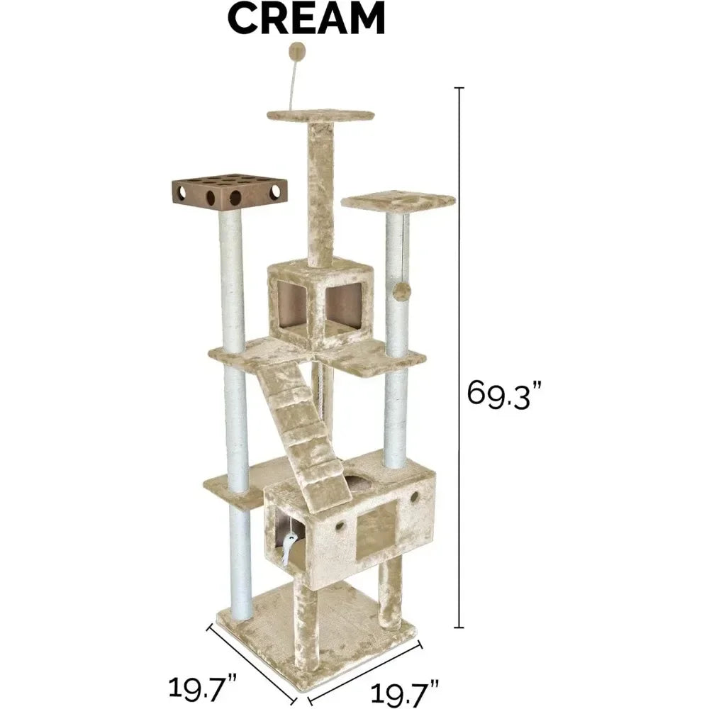 69.3" Tall Cat Tree for Indoor Cats, Ft. Sisal Scratching Posts, 2x Cat Condos, & Toys