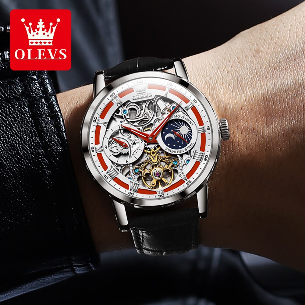 OLEVS New Mens Luxury Skeleton Automatic Mechanical Wrist Watches Waterproof Leather Moon Phrase Luminous Hands Self-Wind Watch