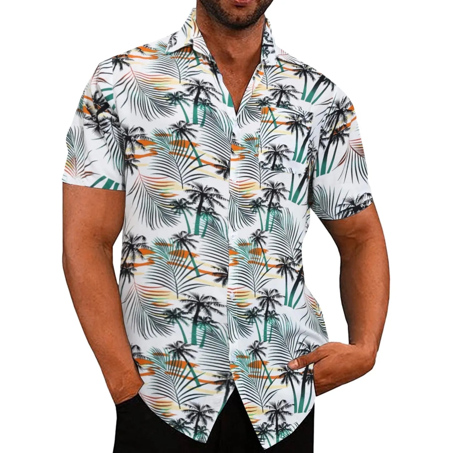 Hawaiian Shirt Men Floral Print Vacation Short Sleeve Shirt Holiday Beach Blouses Tops With Pocket Clothing Camisas De Hombre