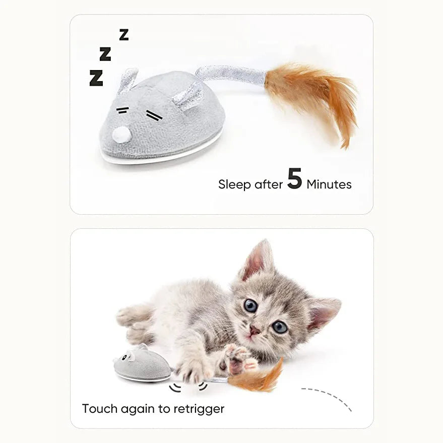 Interactive Cat Toy Automatic Mouse with Feather Tail Kitty with USB Charging Pet Exercise with LED Lights Smart Electric Robot