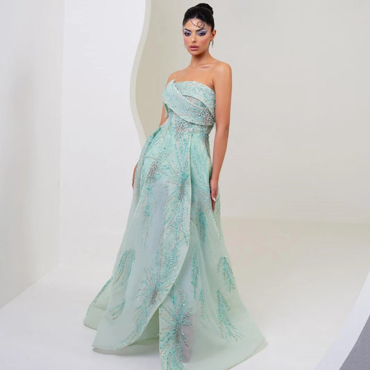 Organza Beading Pleat Engagement Prom Wedding Evening Occasion Gown