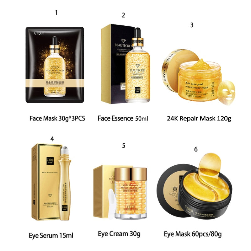 24K Gold Skincare Set Nicotinamide Face Essence Fade Dark Eye Circles Collagen Eye Cream Firming Skin Eye Mask Face Care Kit - DJVWellnessandPets