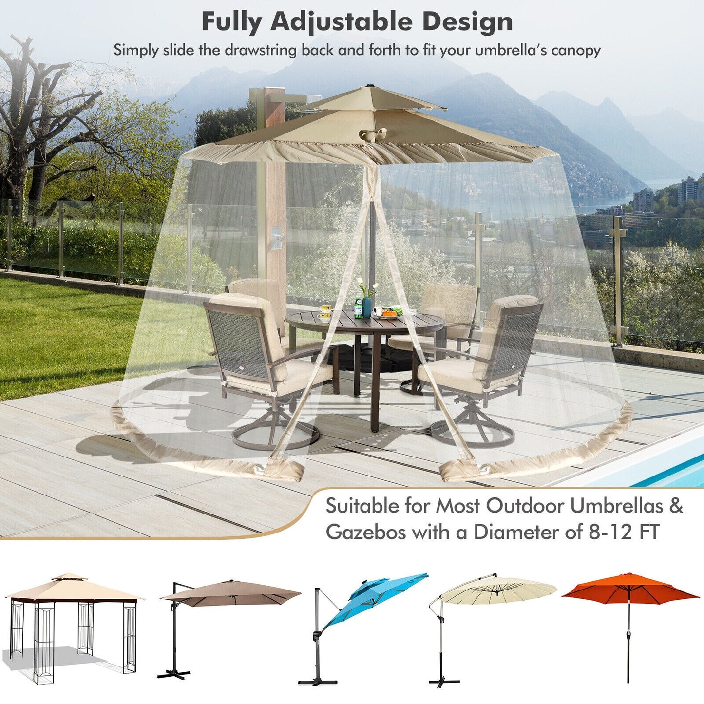 Patiojoy 8-12 FT Patio Umbrella Table Mesh Screen Cover Mosquito Bug Insect Netting Beige