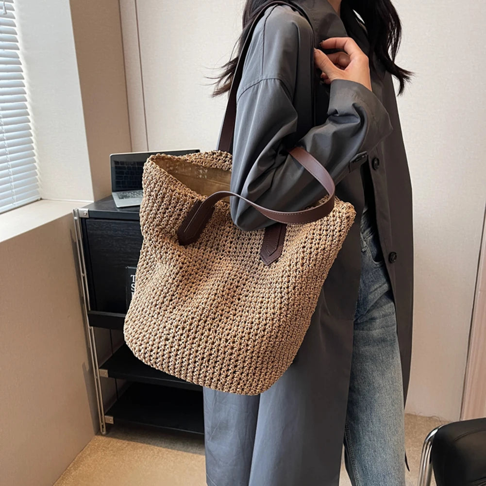 Luxury Design Straw Woven Tote Bags Summer Casual Large Capacity Handbags Bucket Basket Beach Bags Women Shoulder Shopping Bags