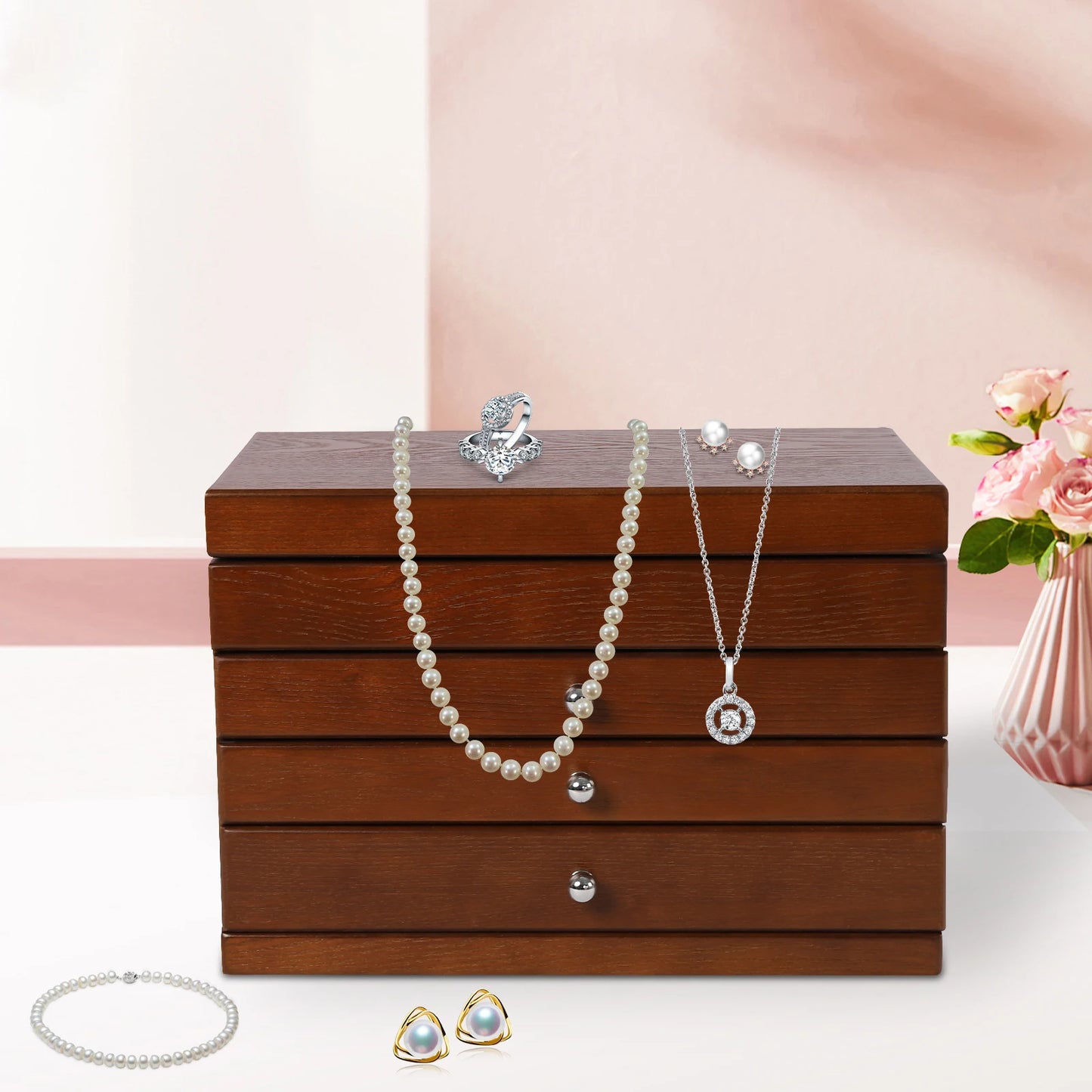 4-tier Wooden Jewellery Box With Drawers & Mirror