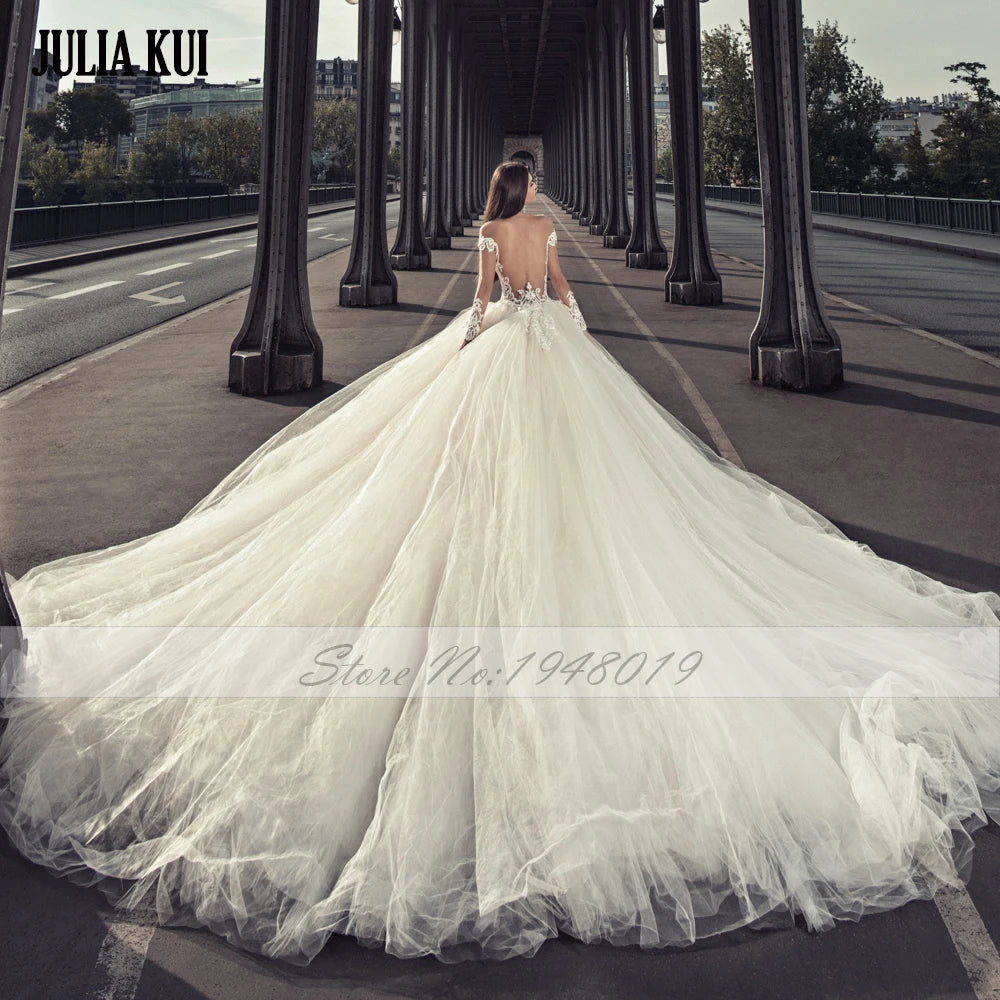 Julia Kui Graceful Tulle Beading Pearl Appliques Full Sleeves