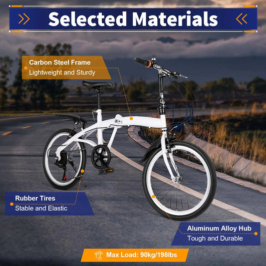 White Folding Bike Foldable City Bike for Adult 20" Commute Bicycle 6 Speed Gear