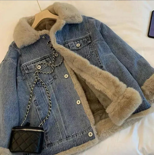 New Winter Fleece Thicken Denim Jacket Loose Casual