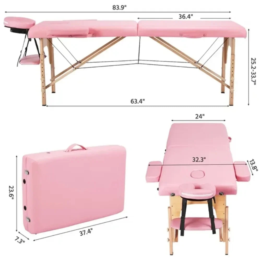 Portable 2-Fold Massage Table for Spa Treatments & Tattoos, 84", Pink