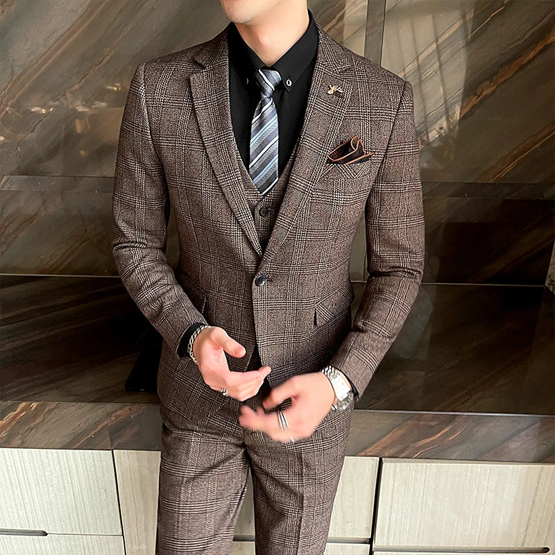 (Blazer+ Waistcoat + Trousers) High Quality Men Simple Business Elegant Fashion Job Interview Gentleman Suit Slim 3-piece Suit