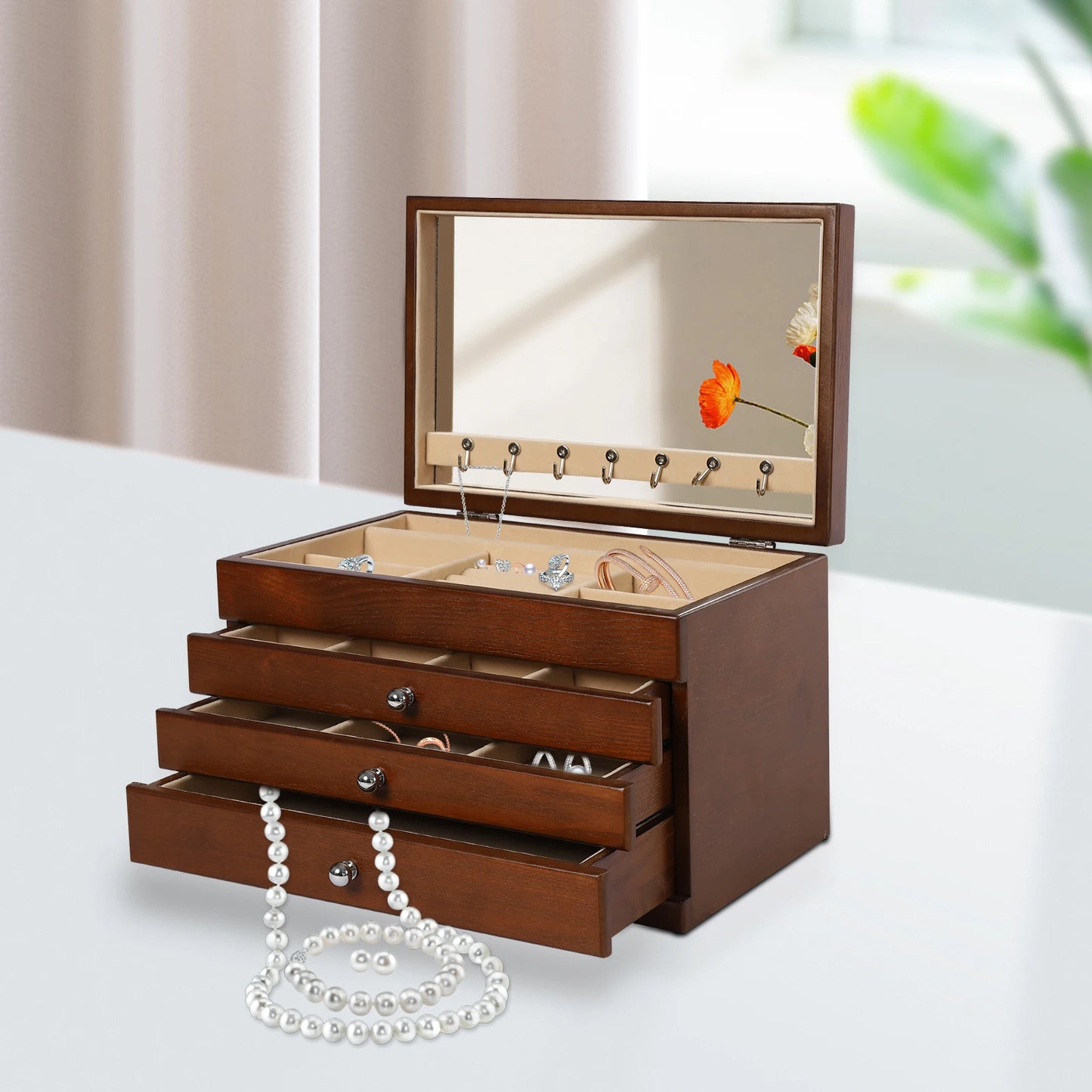 4-tier Wooden Jewellery Box With Drawers & Mirror