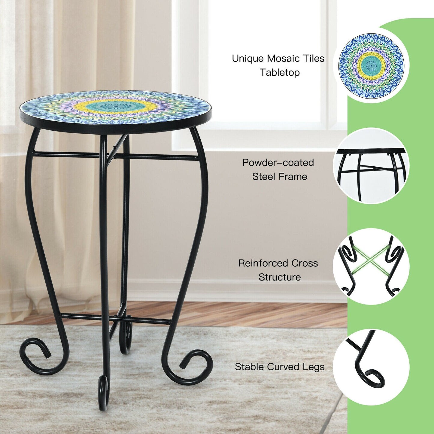 Costway Mosaic Side Table Accent Table Round Balcony Bistro End Table Blue  HZ10032 - DJVWellnessandPets