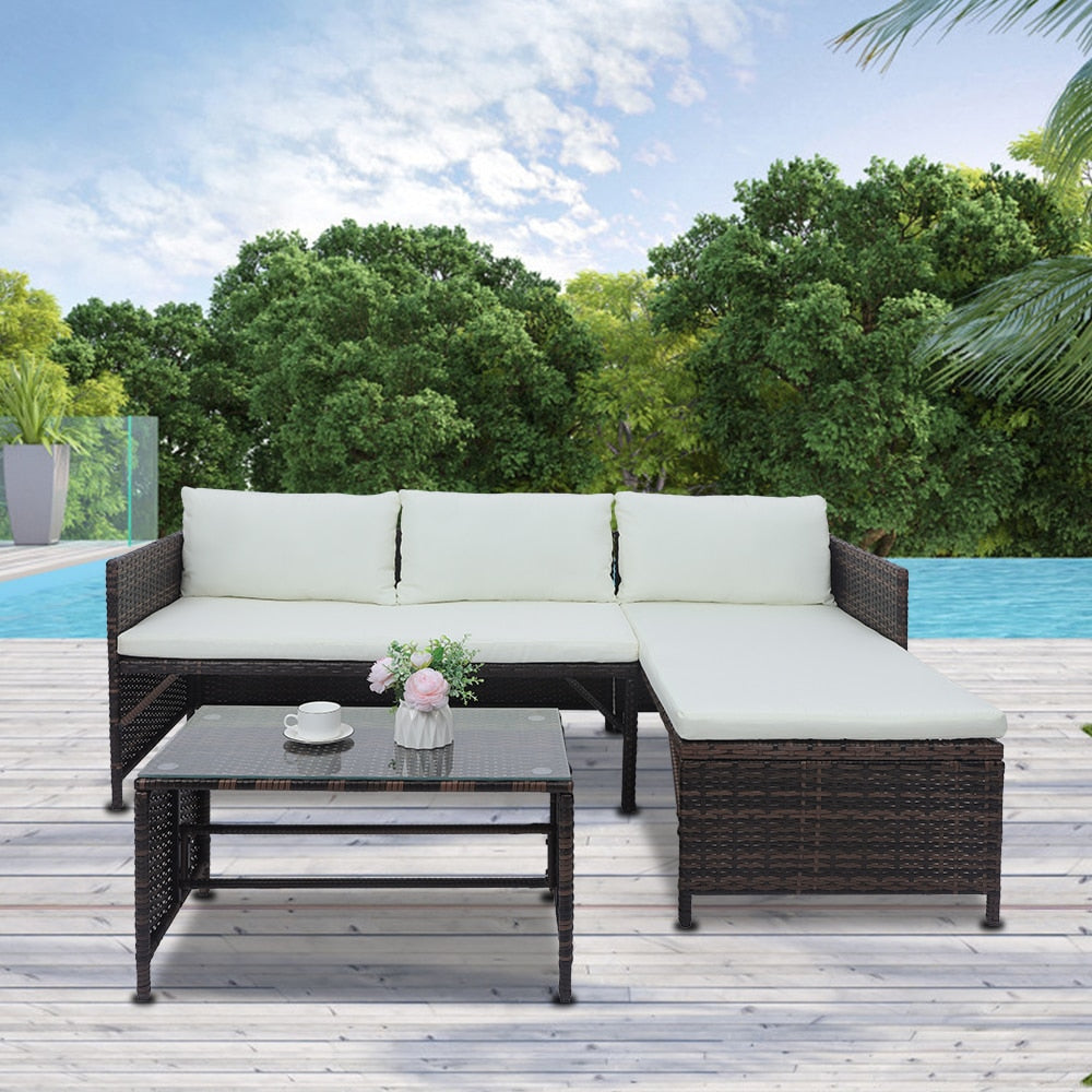 Outdoor Furniture Set 1 Double Seat 1 Chaise Seat 1 Coffee Table Combination Sofa Brown Gradient Ideal for Patio Garden[US-W]