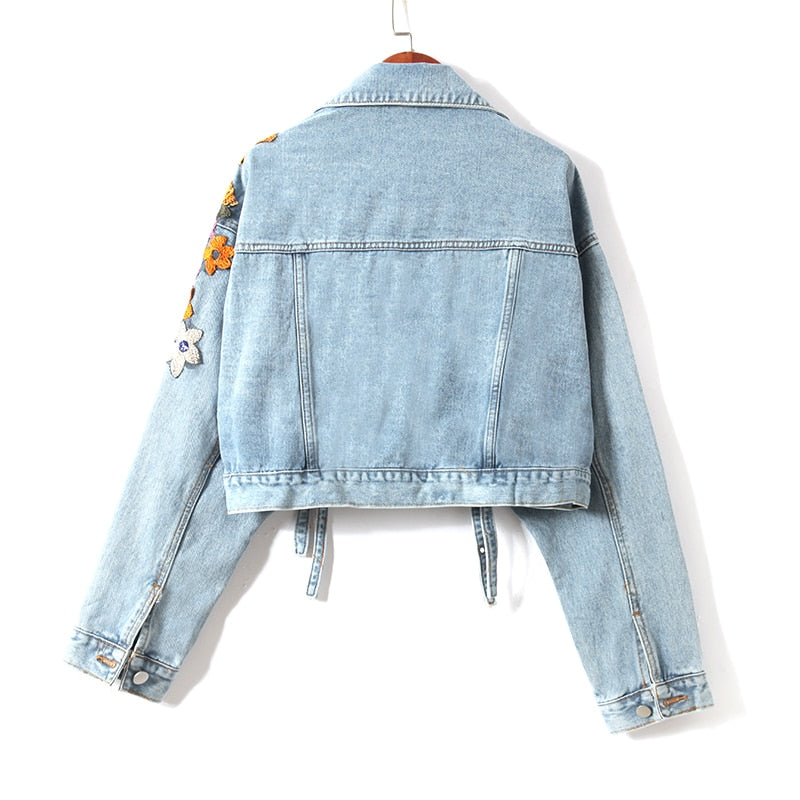 Sequins Denim Jacket Embroidery Jeans Coat Long Sleeve Slim Student Casual