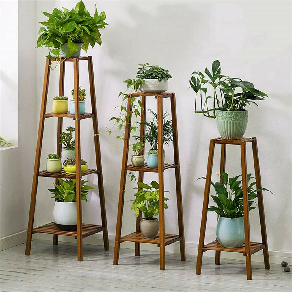 77/97/117cm Tall Bamboo Plant Stand Flower Pot Display Rack Shelf Indoor Outdoor - DJVWellnessandPets