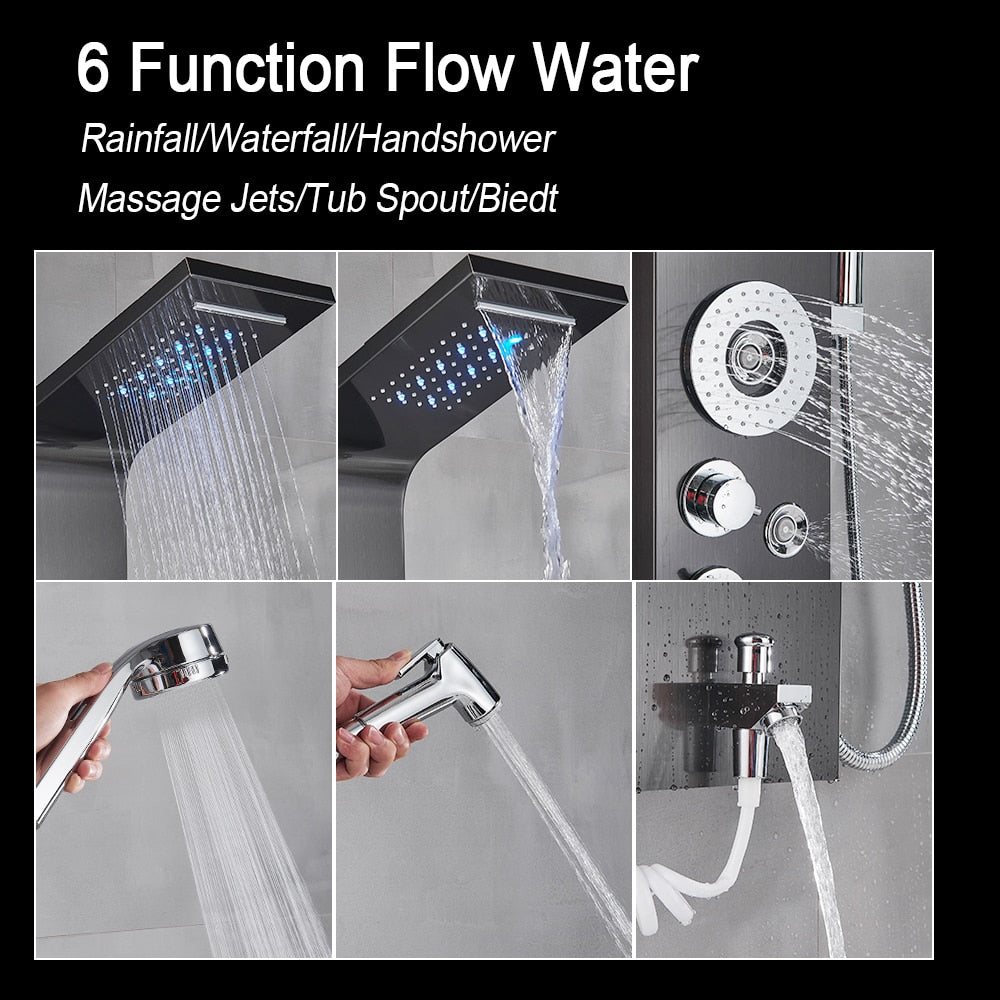 Black LED Light Shower Faucet Bathroom SPA Massage Jet Shower Column System Waterfall Rain Shower Panel Bidet Sprayer Tap - DJVWellnessandPets