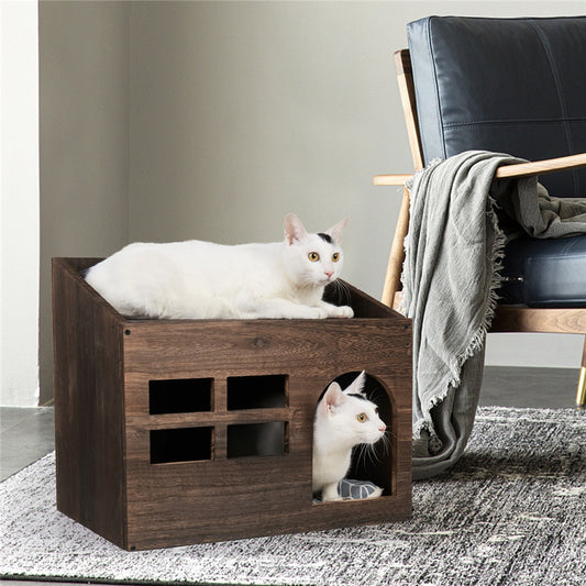 Durable Wooden Cat Cave Bed Furniture Kitten Sleep Lounge House Bed with Cushion Pad Litter Box for Indoor Cats - DJVWellnessandPets