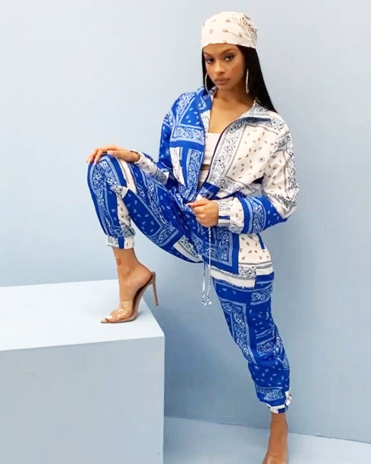 Paisley Bandana Print Two 2 Piece Fitness Sweatsuit Zip Up