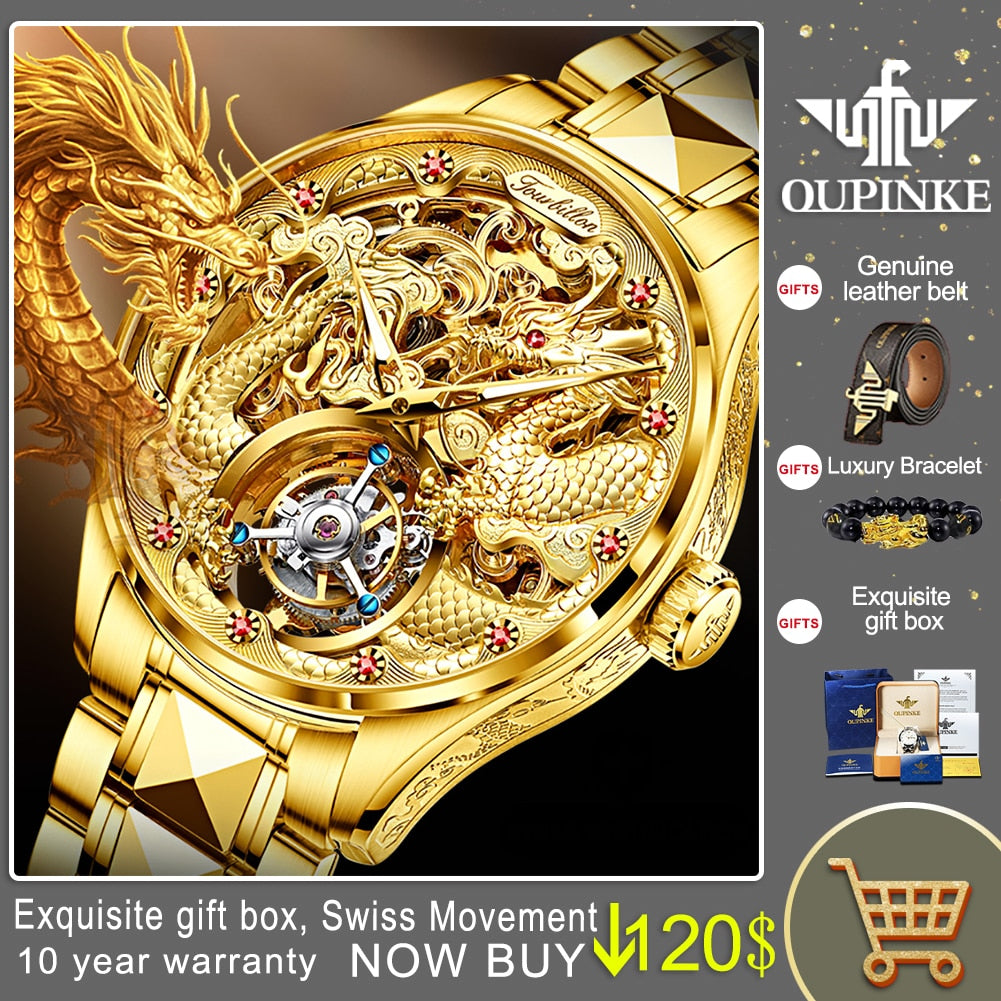 OUPINKE Top Brand Luxury Men Mechanical Automatic Watches Automatic Movement Waterproof Sapphire Mirror Tourbillon Skeleton