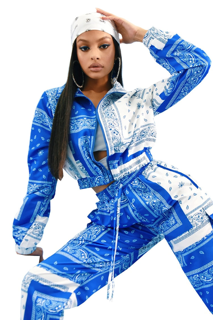 Paisley Bandana Print Two 2 Piece Fitness Sweatsuit Zip Up