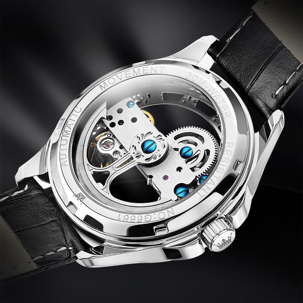 OLEVS Luxury Automatic Skeleton Design Waterproof Leather Strap Watch