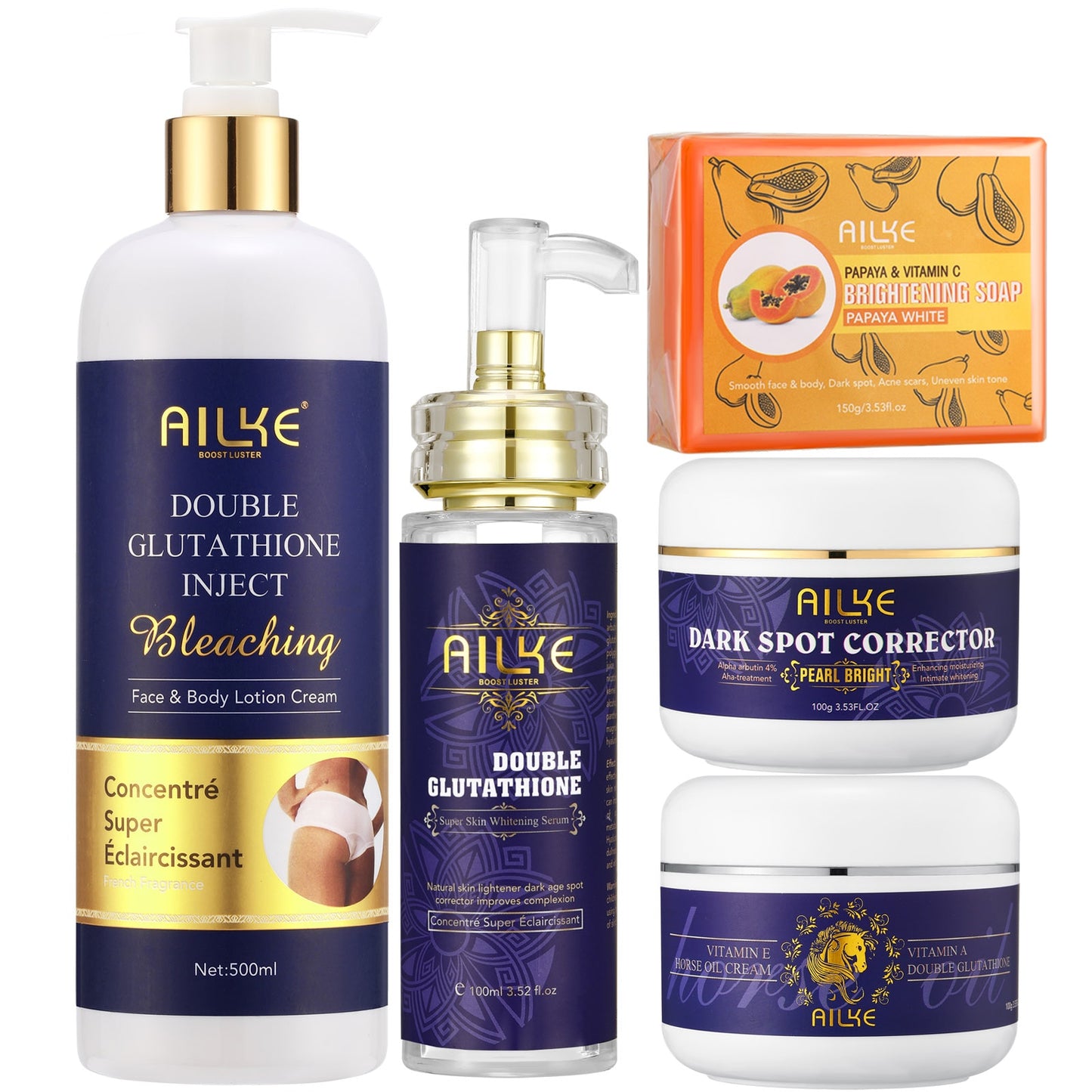 AILKE Glutathione 5-in-1 Women Skin Care Kit, With Body Lotion,  Serum, Dark Spot Removal Cream, Body Cream, Brightening Soap