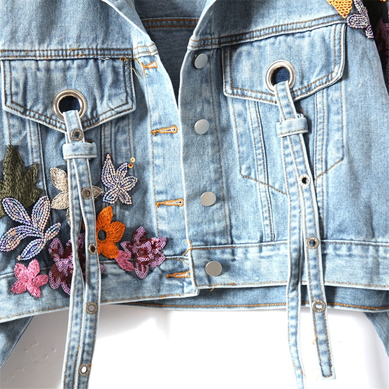 Sequins Denim Jacket Embroidery Jeans Coat Long Sleeve Slim Student Casual