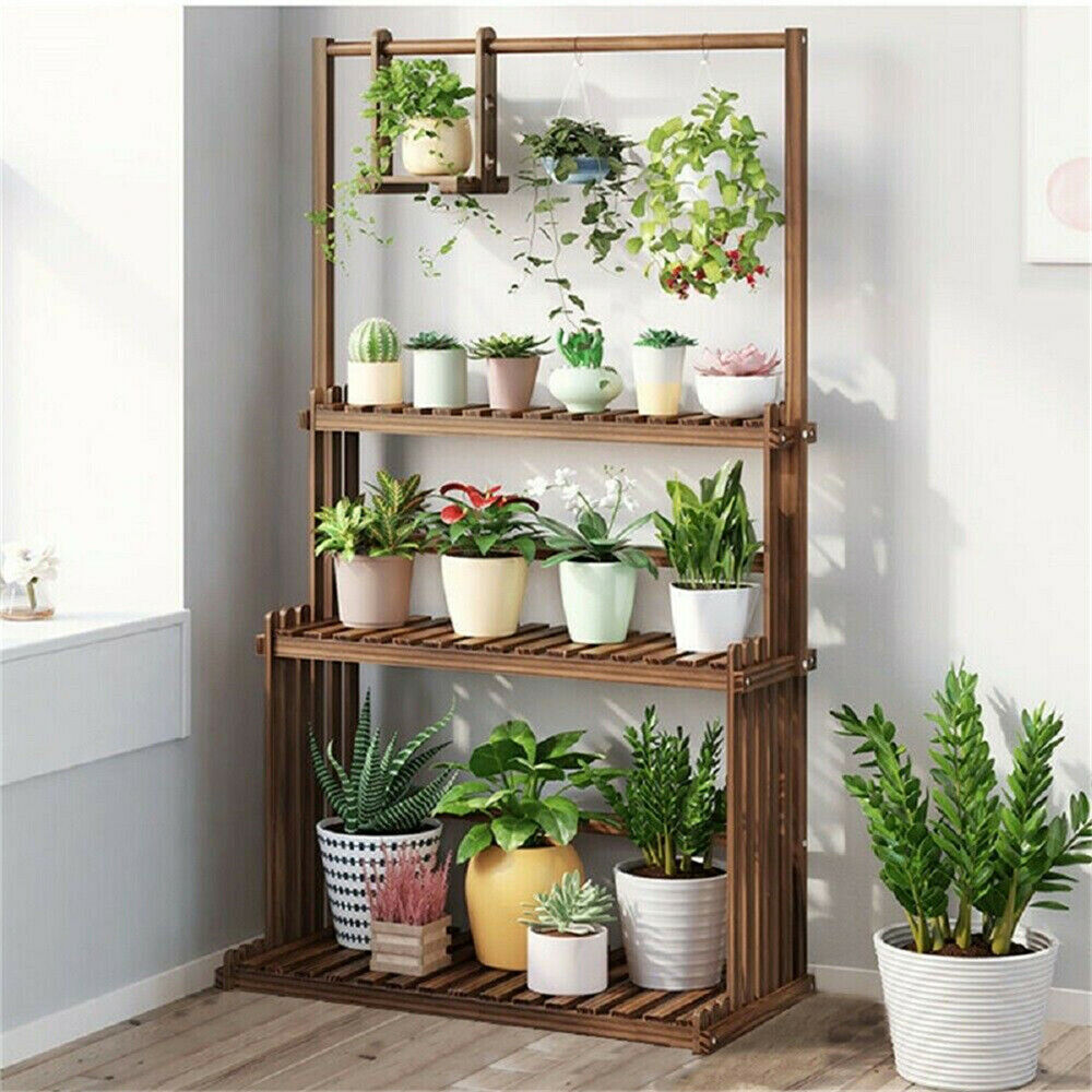 3-Tier Hanging Wood Plant Stand Planter Shelves Flower Pot Organizer Rack Multiple Display Holder Shelf Indoor Outdoor - DJVWellnessandPets