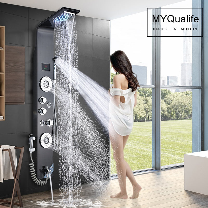 Black LED Light Shower Faucet Bathroom SPA Massage Jet Shower Column System Waterfall Rain Shower Panel Bidet Sprayer Tap - DJVWellnessandPets