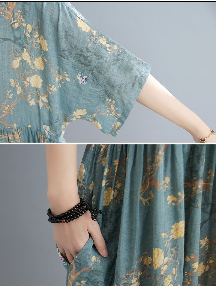 short sleeve oversize cotton vintage floral animal print casual loose long elegant dress 2023