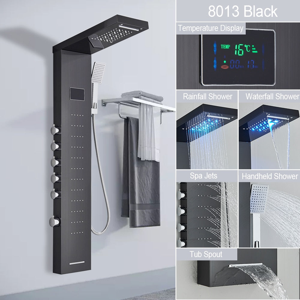 Black LED Light Shower Faucet Bathroom SPA Massage Jet Shower Column System Waterfall Rain Shower Panel Bidet Sprayer Tap - DJVWellnessandPets