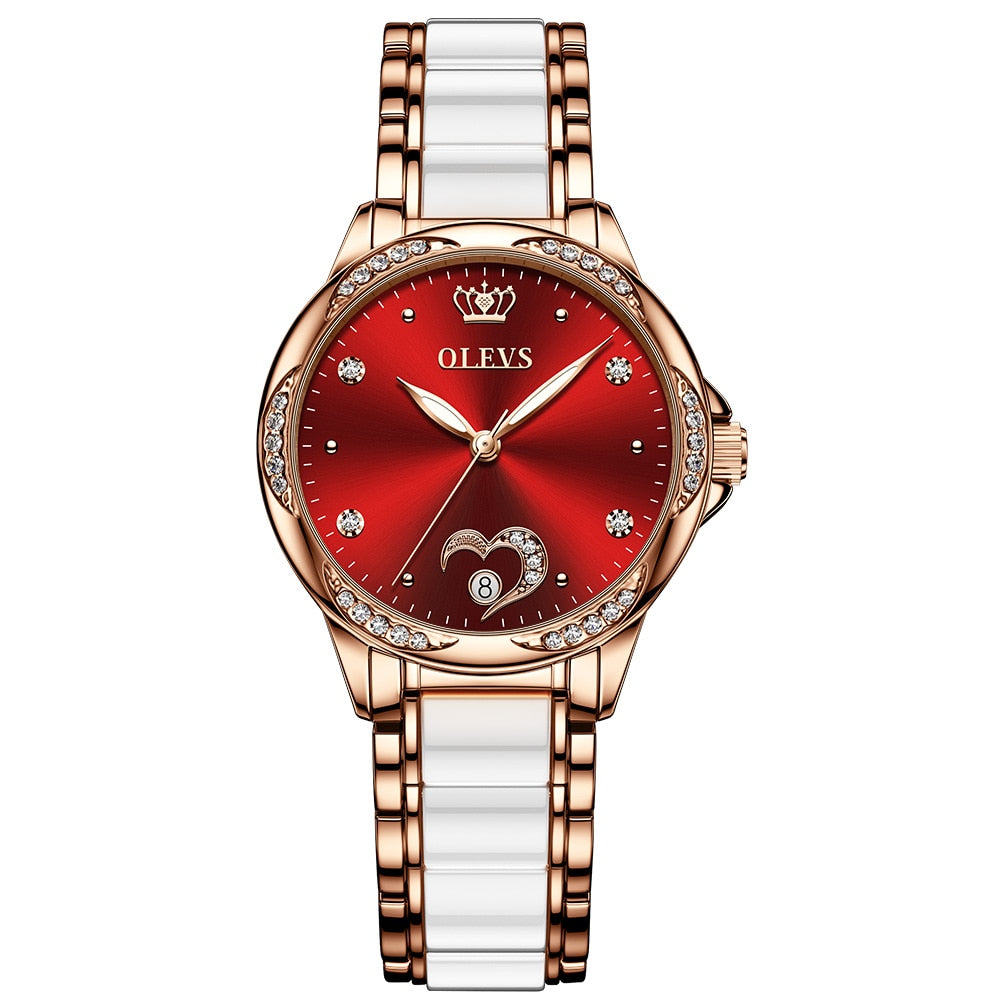 OLEVS Mechanical Wrist Wath Stainless Steel Ceramic Band Heart Diamond Dress Watch