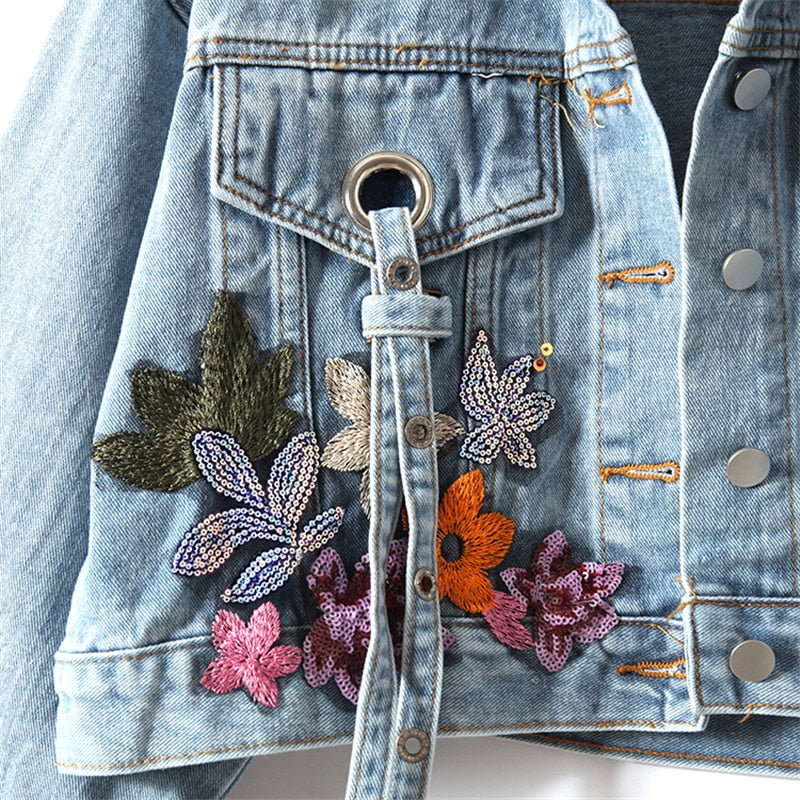 Sequins Denim Jacket Embroidery Jeans Coat Long Sleeve Slim Student Casual